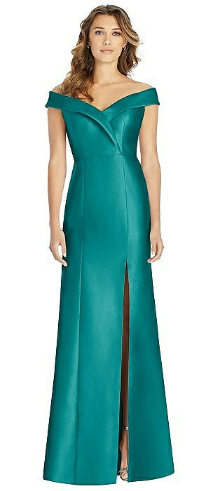 Off-the-Shoulder Cuff Trumpet Gown with Front Slit