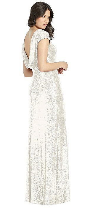 Cap Sleeve Cowl-Back Sequin Gown with Front Slit