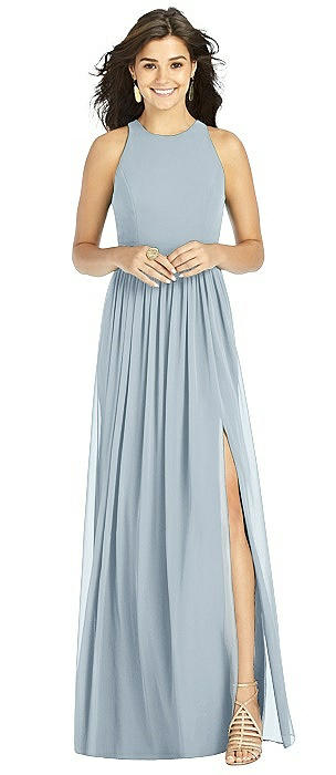 Shirred Skirt Halter Dress with Front Slit
