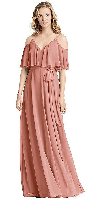 Ruffled Cold-Shoulder Maxi Dress with Flounce Overlay