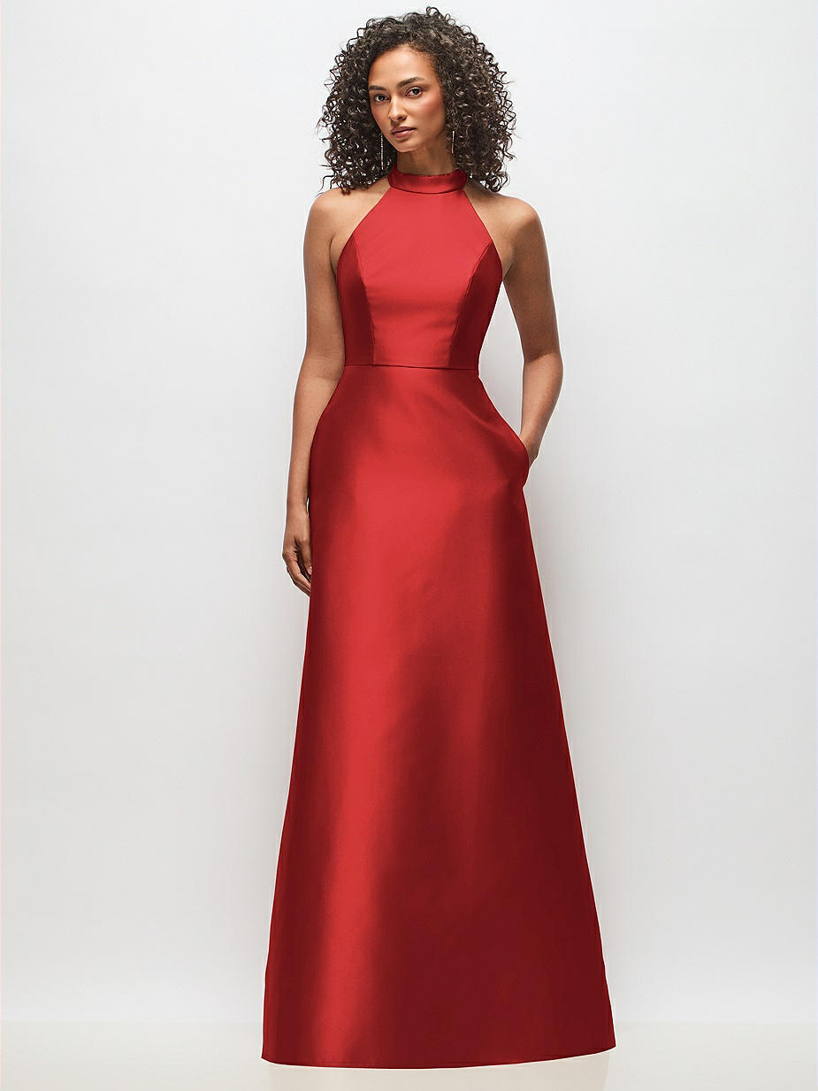 red satin halter dress fitted lace wedding dress Queendancer Women Simple Dark Red Halter Long  Prom Dress Backless Sleeveless Ruched Evening Dress  queendanceruk