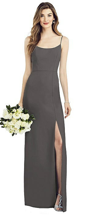 Spaghetti Strap V-Back Crepe Gown with Front Slit