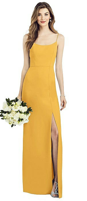 Spaghetti Strap V-Back Crepe Gown with Front Slit