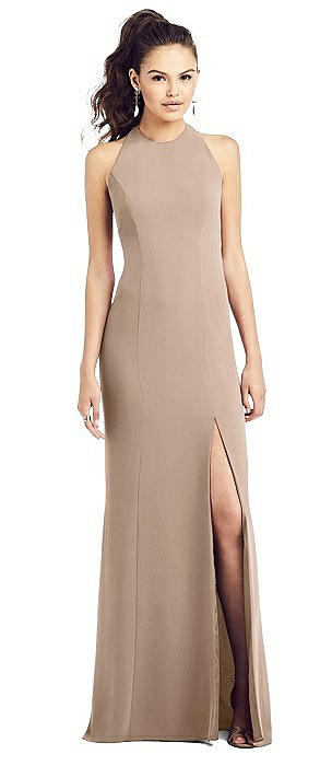 Open-Back Jewel Neck Trumpet Gown with Front Slit