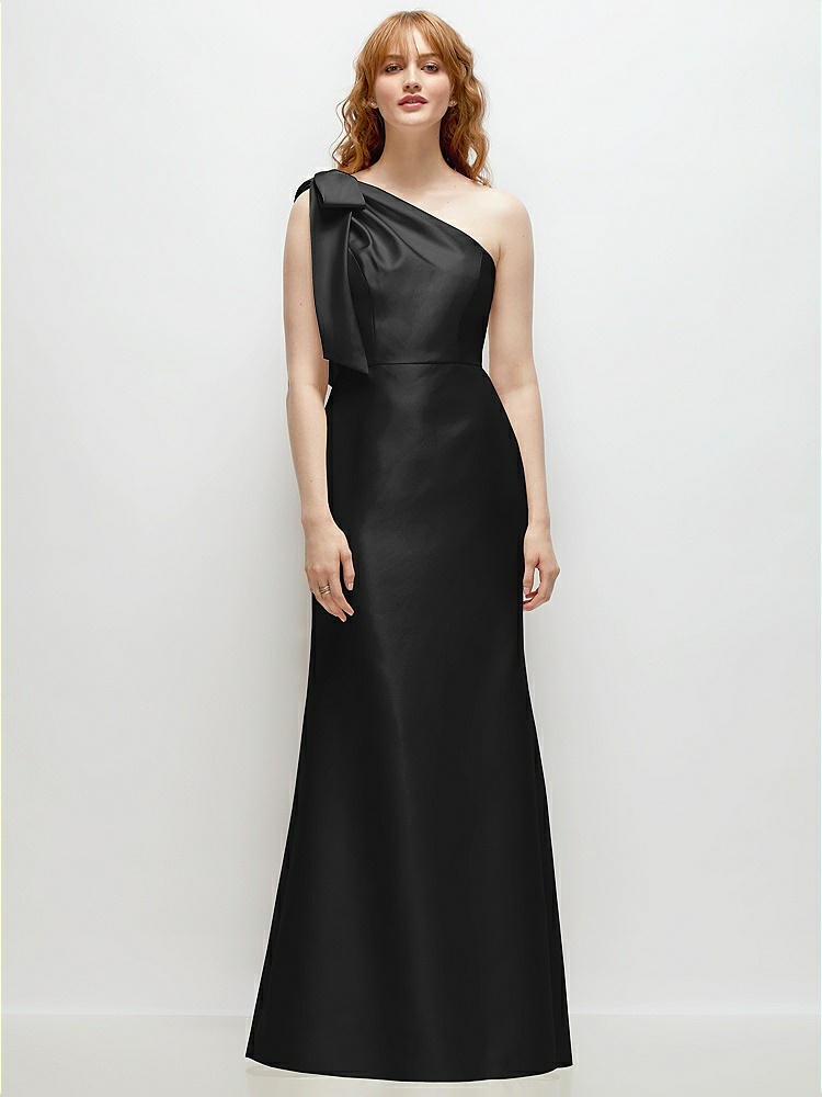 Bow One-Shoulder Satin Trumpet Gown in  Black