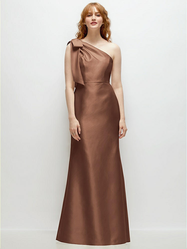 Bow One-Shoulder Satin Trumpet Gown in  Cognac