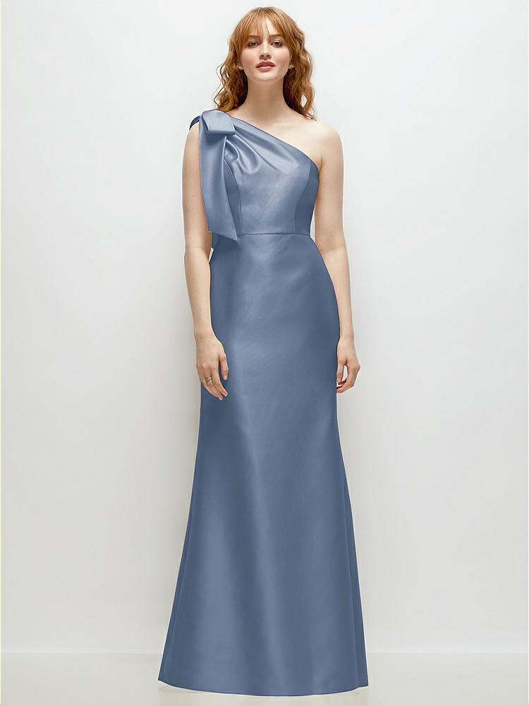 Bow One-Shoulder Satin Trumpet Gown in  Larkspur Blue