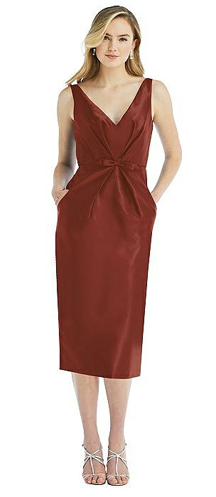 Sleeveless Bow-Waist Pleated Satin Pencil Dress with Pockets