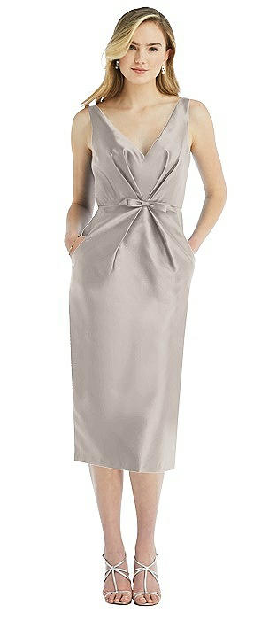 Sleeveless Bow-Waist Pleated Satin Pencil Dress with Pockets