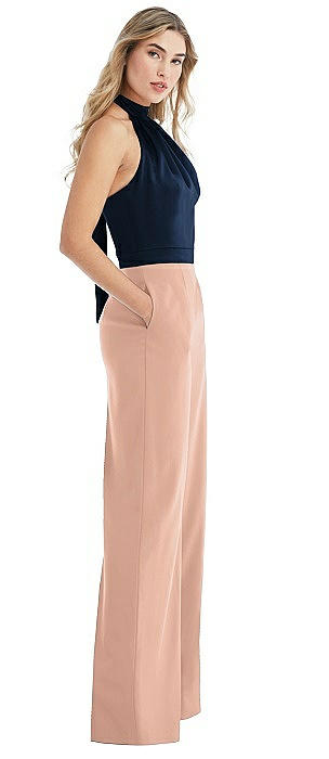 High-Neck Open-Back Jumpsuit with Scarf Tie