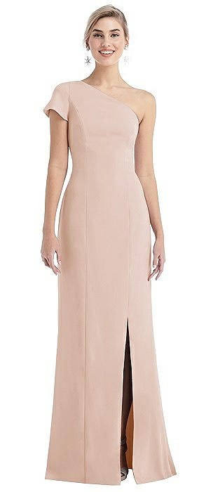 One-Shoulder Cap Sleeve Trumpet Gown with Front Slit