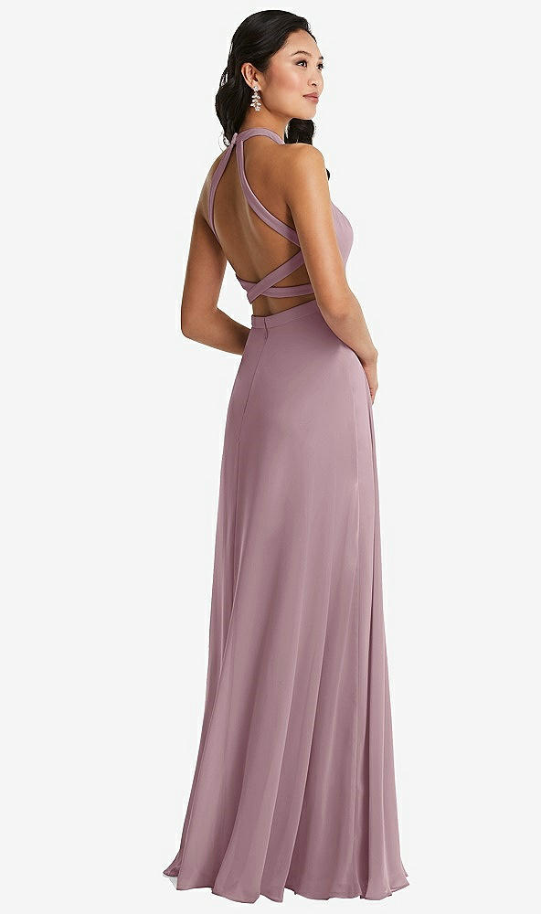 Back View - Dusty Rose Stand Collar Halter Maxi Dress with Criss Cross Open-Back