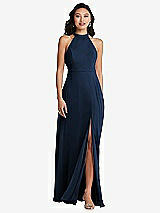 Front View Thumbnail - Midnight Navy Stand Collar Halter Maxi Dress with Criss Cross Open-Back