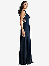 Side View Thumbnail - Midnight Navy Stand Collar Halter Maxi Dress with Criss Cross Open-Back