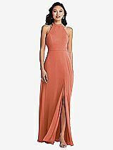 Front View Thumbnail - Terracotta Copper Stand Collar Halter Maxi Dress with Criss Cross Open-Back