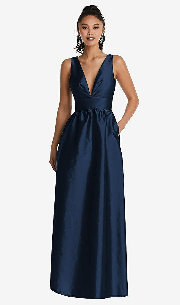 Front View - Midnight Navy Plunging Neckline Maxi Dress with Pockets