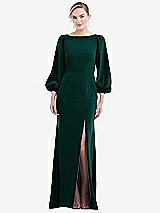 Front View Thumbnail - Evergreen & Evergreen Bishop Sleeve Open-Back Trumpet Gown with Scarf Tie