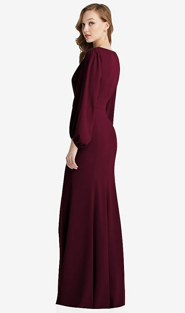 Back View - Cabernet Long Puff Sleeve V-Neck Trumpet Gown