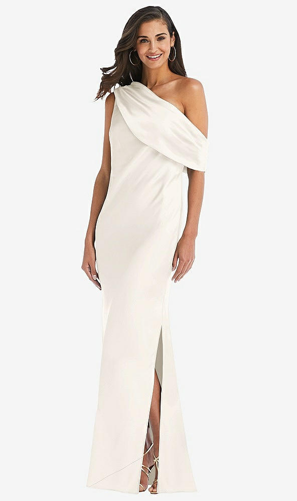 Front View - Ivory Draped One-Shoulder Convertible Maxi Slip Dress