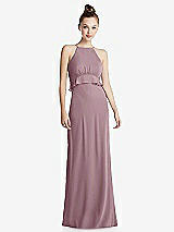 Front View Thumbnail - Dusty Rose Bias Ruffle Empire Waist Halter Maxi Dress with Adjustable Straps