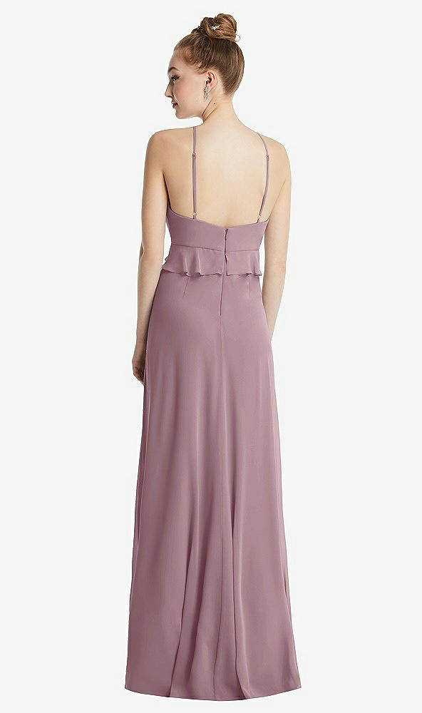 Back View - Dusty Rose Bias Ruffle Empire Waist Halter Maxi Dress with Adjustable Straps