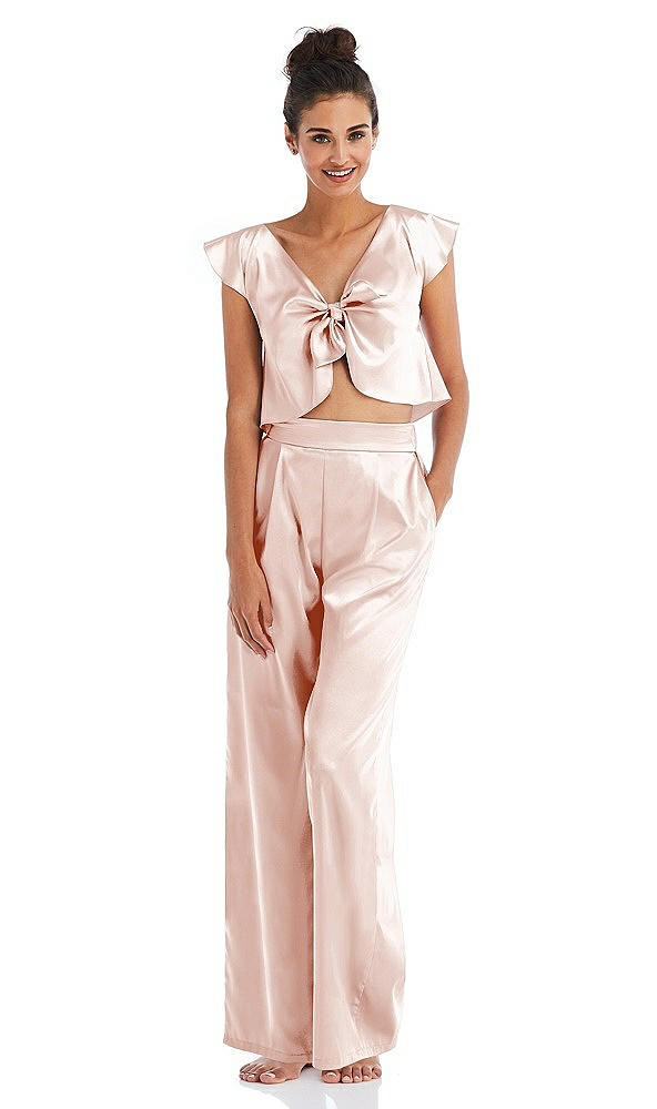 Front View - Blush Satin Wide-Leg Lounge Pants with Pockets - Ray