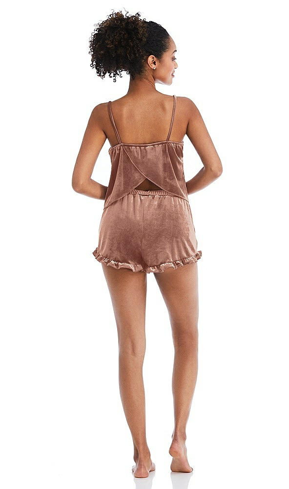 Back View - Tawny Rose Velvet Ruffle-Trimmed Lounge Shorts with Pockets - Willa