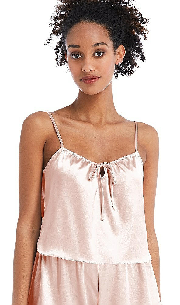 Front View - Blush Drawstring Neck Satin Cami with Bow Detail - Nyla