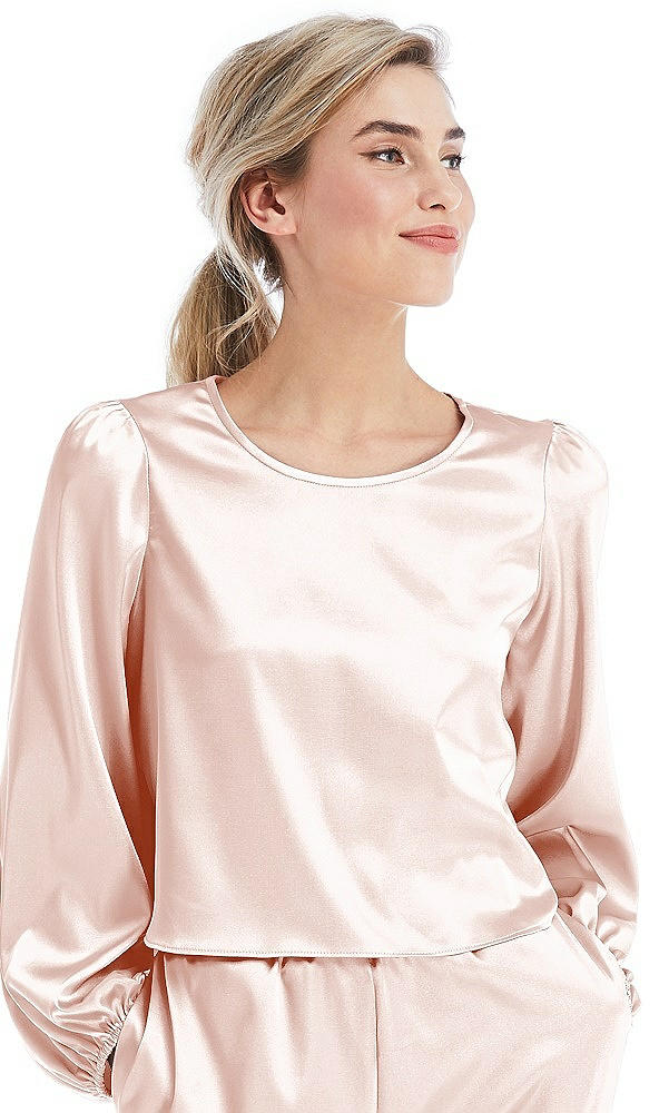 Front View - Blush Satin Pullover Puff Sleeve Top - Parker