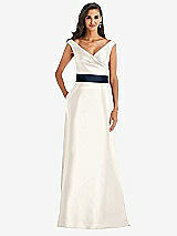 Front View Thumbnail - Ivory & Midnight Navy Off-the-Shoulder Draped Wrap Satin Maxi Dress