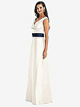 Side View Thumbnail - Ivory & Midnight Navy Off-the-Shoulder Draped Wrap Satin Maxi Dress