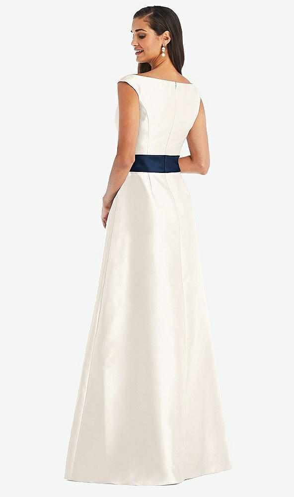 Back View - Ivory & Midnight Navy Off-the-Shoulder Draped Wrap Satin Maxi Dress