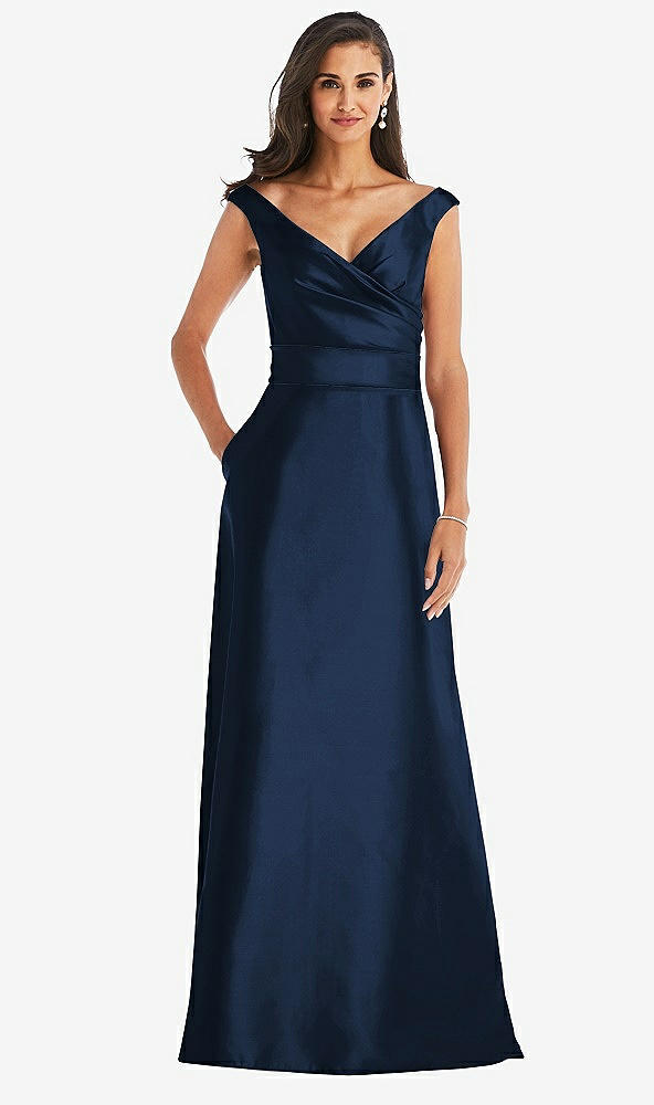 Front View - Midnight Navy & Midnight Navy Off-the-Shoulder Draped Wrap Satin Maxi Dress