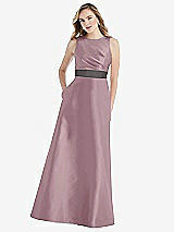 Front View Thumbnail - Dusty Rose & Caviar Gray High-Neck Asymmetrical Shirred Satin Maxi Dress with Pockets