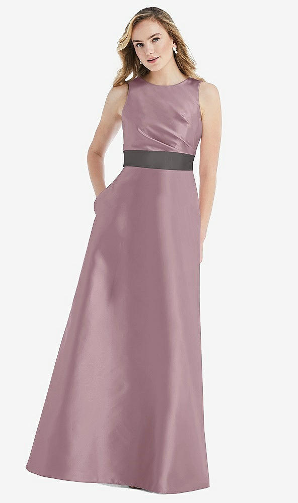 Front View - Dusty Rose & Caviar Gray High-Neck Asymmetrical Shirred Satin Maxi Dress with Pockets