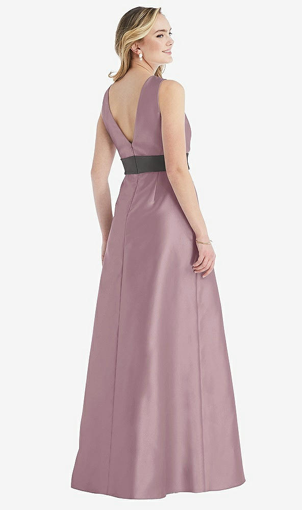 Back View - Dusty Rose & Caviar Gray High-Neck Asymmetrical Shirred Satin Maxi Dress with Pockets