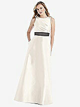 Front View Thumbnail - Ivory & Caviar Gray High-Neck Asymmetrical Shirred Satin Maxi Dress with Pockets