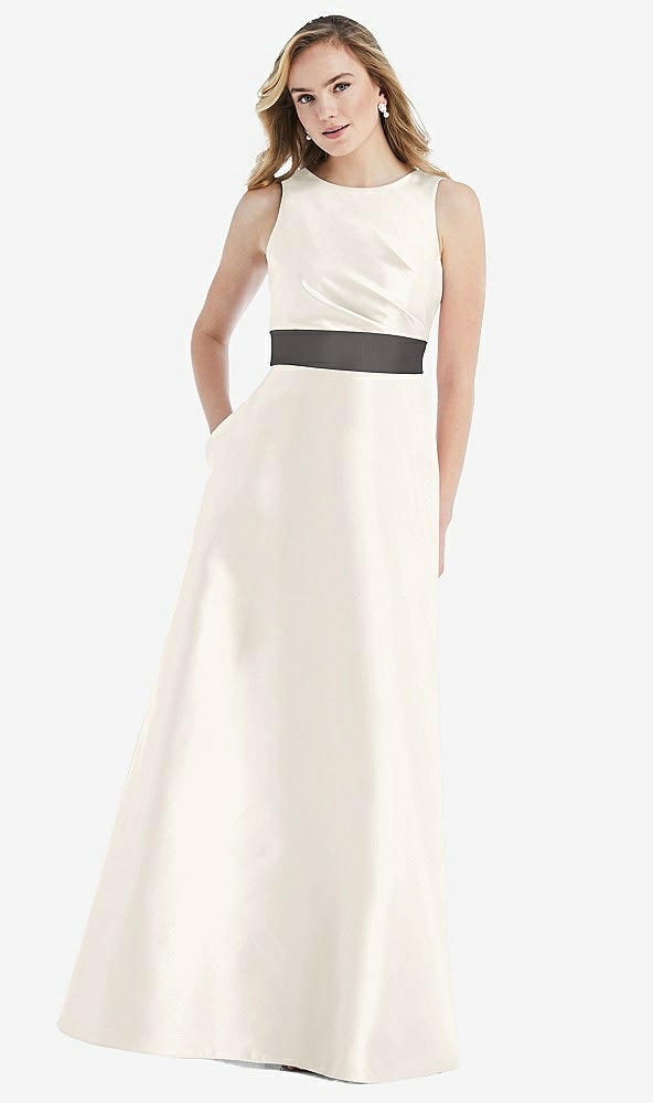 Front View - Ivory & Caviar Gray High-Neck Asymmetrical Shirred Satin Maxi Dress with Pockets