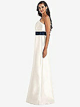 Side View Thumbnail - Ivory & Midnight Navy Draped One-Shoulder Satin Maxi Dress with Pockets