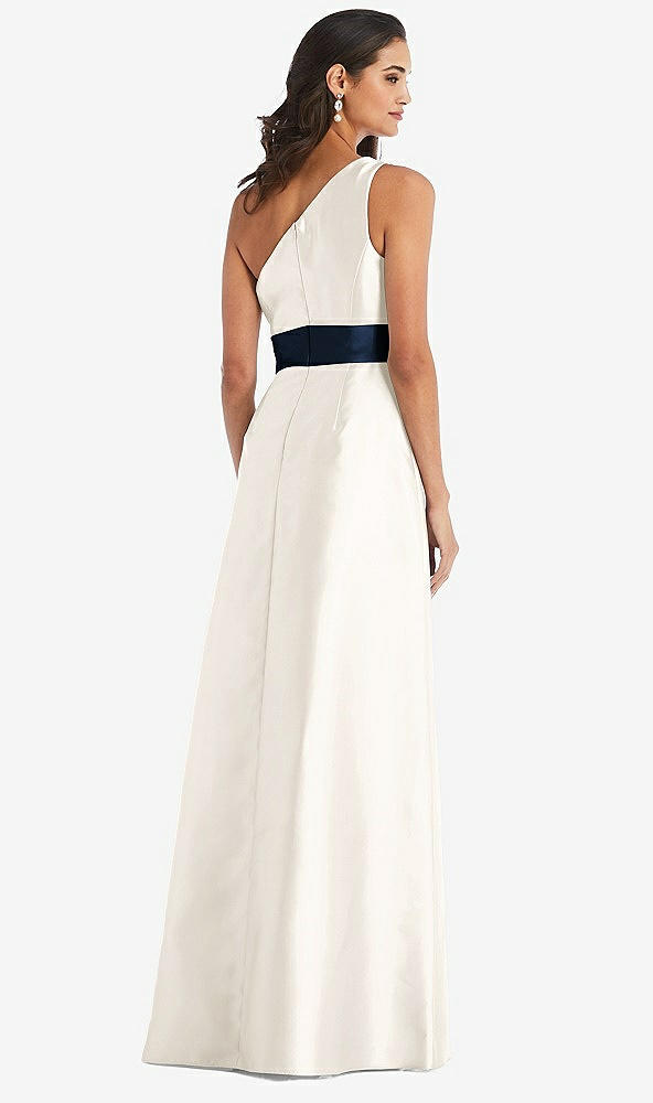 Back View - Ivory & Midnight Navy Draped One-Shoulder Satin Maxi Dress with Pockets