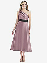 Front View Thumbnail - Dusty Rose & Black Draped One-Shoulder Satin Midi Dress with Pockets