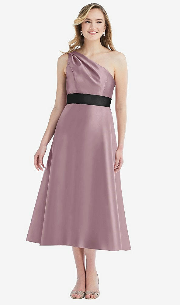 Front View - Dusty Rose & Black Draped One-Shoulder Satin Midi Dress with Pockets