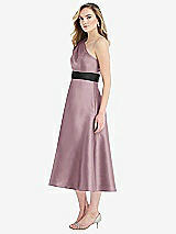 Side View Thumbnail - Dusty Rose & Black Draped One-Shoulder Satin Midi Dress with Pockets