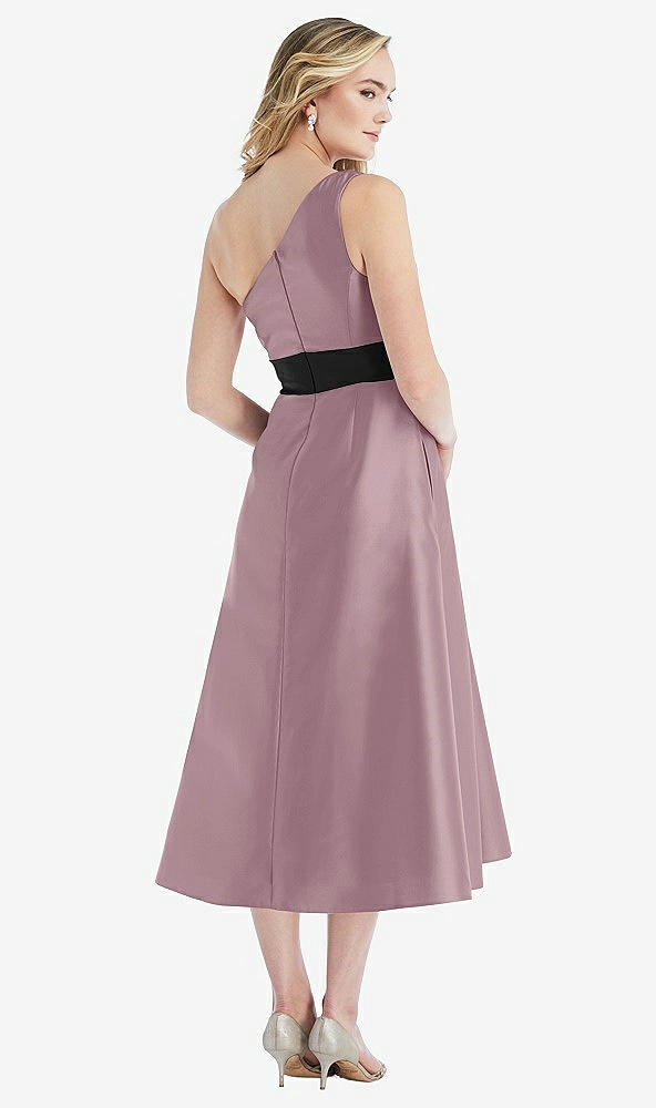 Back View - Dusty Rose & Black Draped One-Shoulder Satin Midi Dress with Pockets