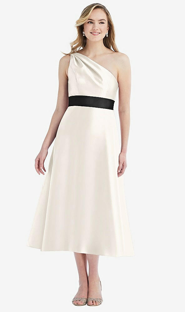 Front View - Ivory & Black Draped One-Shoulder Satin Midi Dress with Pockets