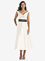 Front View Thumbnail - Ivory & Caviar Gray Off-the-Shoulder Draped Wrap Satin Midi Dress with Pockets