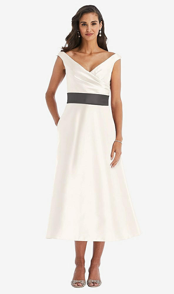 Front View - Ivory & Caviar Gray Off-the-Shoulder Draped Wrap Satin Midi Dress with Pockets