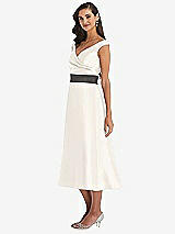 Side View Thumbnail - Ivory & Caviar Gray Off-the-Shoulder Draped Wrap Satin Midi Dress with Pockets