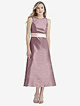 Front View Thumbnail - Dusty Rose & Blush High-Neck Asymmetrical Shirred Satin Midi Dress with Pockets
