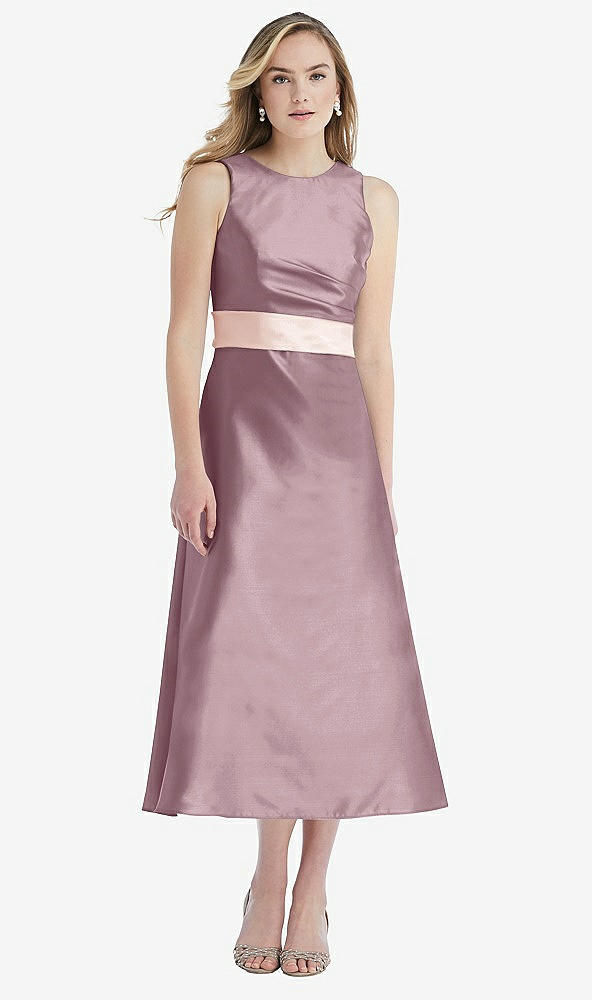 Front View - Dusty Rose & Blush High-Neck Asymmetrical Shirred Satin Midi Dress with Pockets